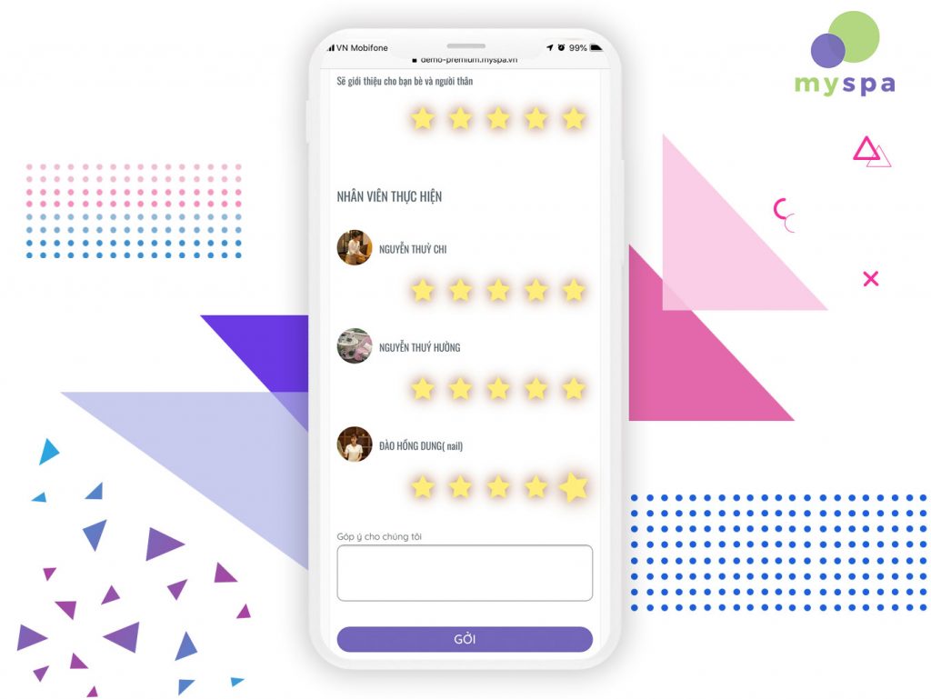 Feedback từ khách hàng - Phần đánh giá nhân viên thực hiện và ô góp ý cho Spa, Thẩm mỹ viện,...