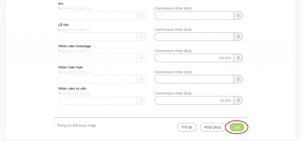 Nhấn "Lưu" để hoàn thành phần tạo dịch vụ và hoa hồng cho nhân viên