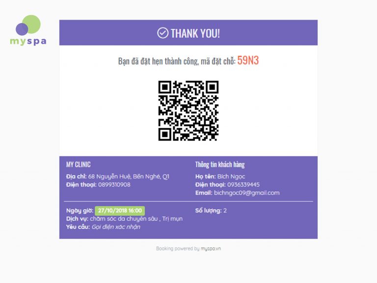 Khách hàng nhận mã code QR và thông tin sau khi đặt hẹn