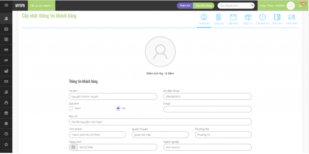 Phần mềm quản lý thông tin khách hàng - MYSPA