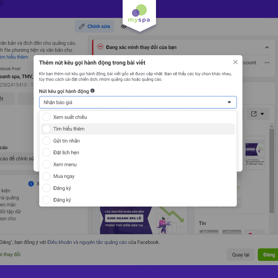 Chọn nút kêu gọi hành động quảng cáo Facebook cho spa