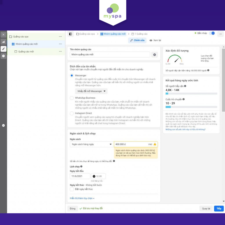 Đặt ngân sách quảng cáo Facebook cho spa