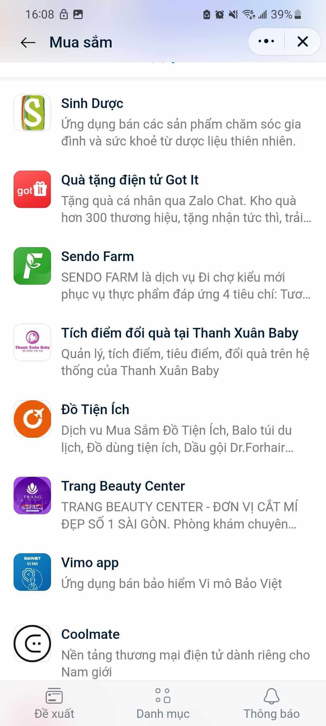 Màn hình mini app trên Zalo