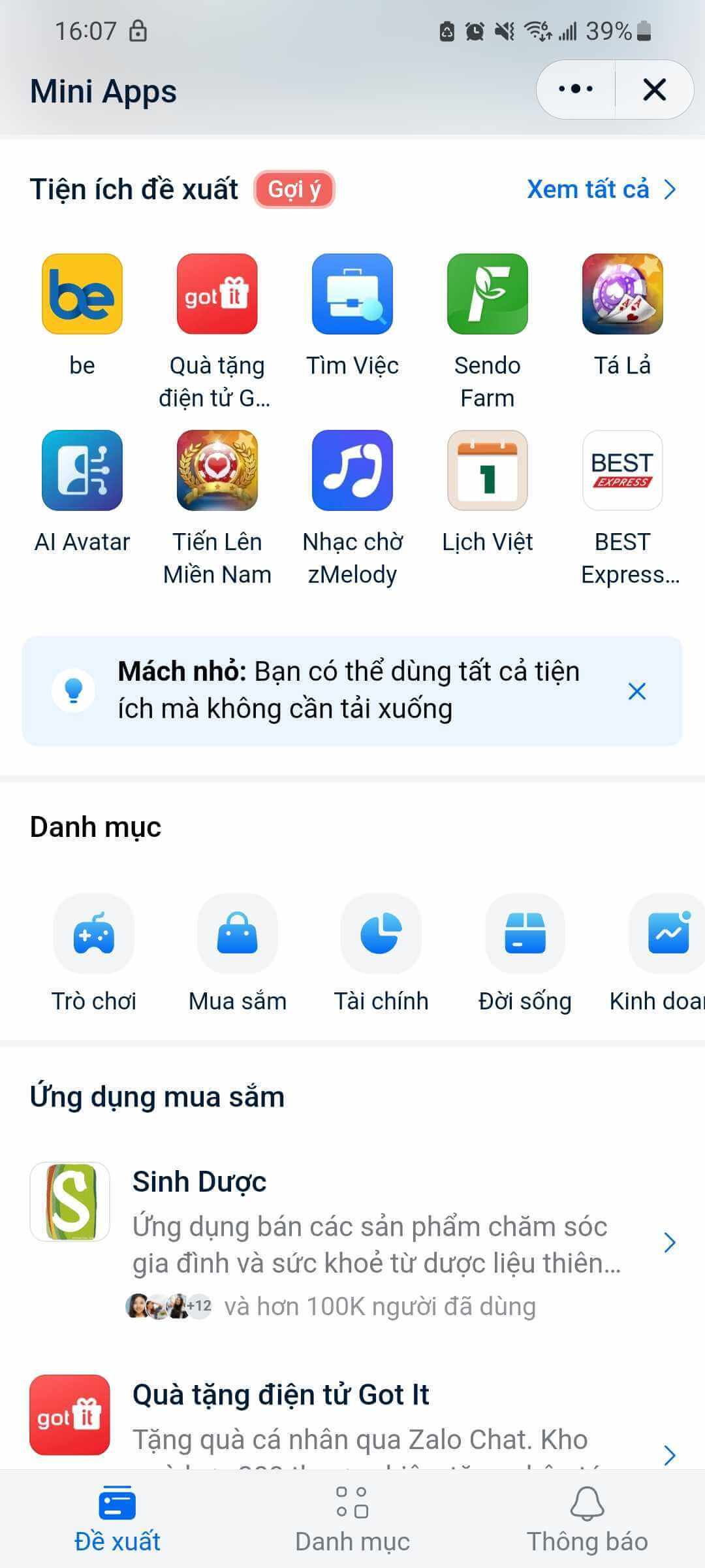 Màn hình mini app trên Zalo