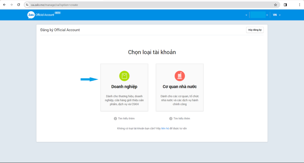 Bước 3: Chọn loại tài khoản Doanh nghiệp, tại trang sau chọn Đăng ký.
